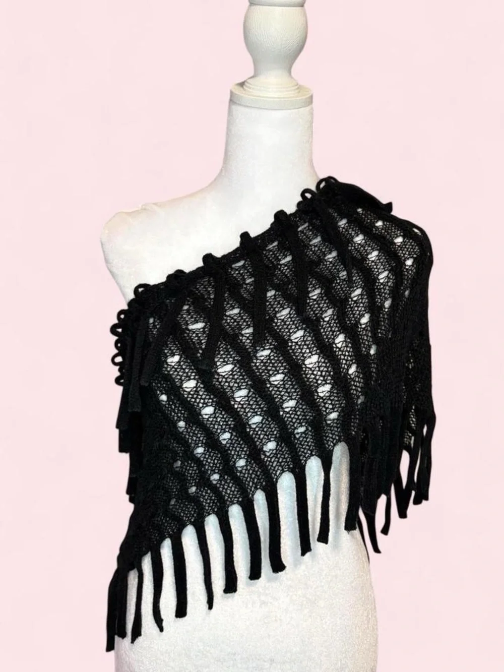 Black Crocheted Fringe One-Shoulder Shawl